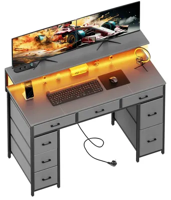 Produktbild von Computertisch Schreibtisch Gaming Tisch - Bürotisch - 8 Schubladen - Verstellbare Monitorablage - LED Beleuchtung USB Anschlüsse - 120 cm - Grau