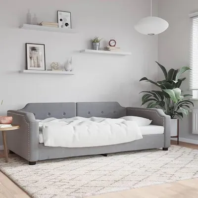 Image de Lit de jour gris clair, 90x190 cm, en tissu, convertible en canapé avec sommier à lattes, lit d'appoint convertible en canapé sans matelas, canapé-lit pour salon, chambre