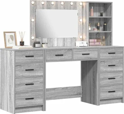 Image de vidaXL Coiffeuse à tiroirs, 3 pièces, bois aggloméré gris Sonoma