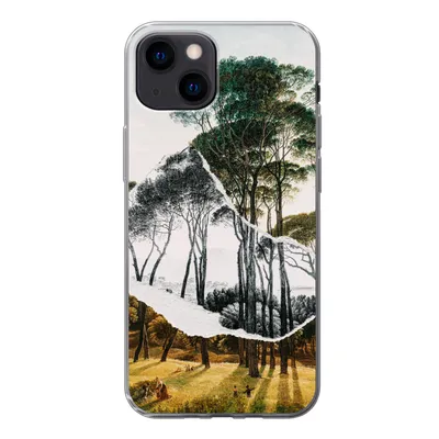 Produktbild von MuchoWow® Handyhülle Schutzhülle Hülle für iPhone 13 mini Italienische Landschaft Schirmkiefern - Kunst - Hendrik Voogd - Malerei - Schwarz-Weiß - Alte Meister Silikon Softcase Handy Hülle - Softcase