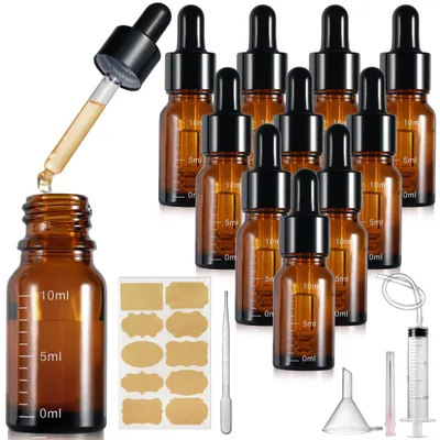 Imagen del producto de 10 botellas de vidrio con pipeta, de 10 ml, color ámbar, reutilizables y con escala graduada