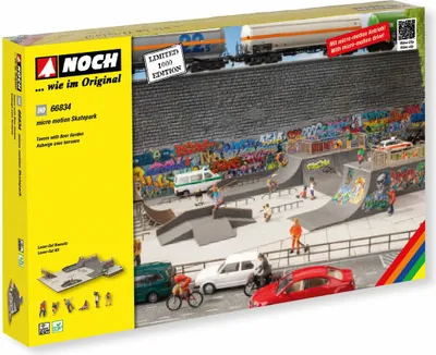 Produktbild von NOCH micro-motion Skatepark, mit H0 Modellbau Halfpipe, bewegliche Skater, perfekt für Dioramen und Modellbahnen