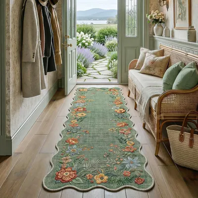 Produktbild von Läufer mit Blumenmuster, 60 x 180 cm, waschbar, für Flur und Wohnzimmer