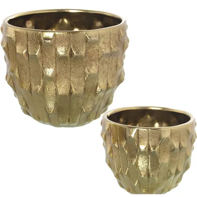 Zdjęcie produktu dla Omgoods - Zestaw 2 okrągłych ceramicznych doniczek w kolorze złotym