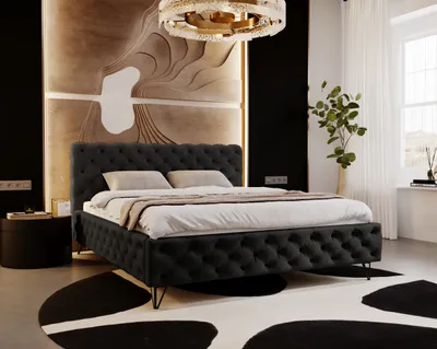 Obrázok produktu pre Čalúnená posteľ 140x200 Laval - Glamour posteľ s roštom, čelo - Chesterfield, zamatová čierna