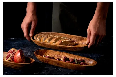 Produktbild von Obstschale aus natürlichem Olivenholz - handgefertigt - 30x10 cm - Holzschale für Obst, Brot und Gebäck - Dekoschale