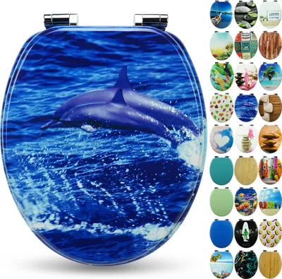 Produktbild von Sanfino® Premium WC Sitz "Dolphin" hochwertiger Toilettendeckel mit Absenkautomatik aus Holz, viele bunte Motive, einfache Montage