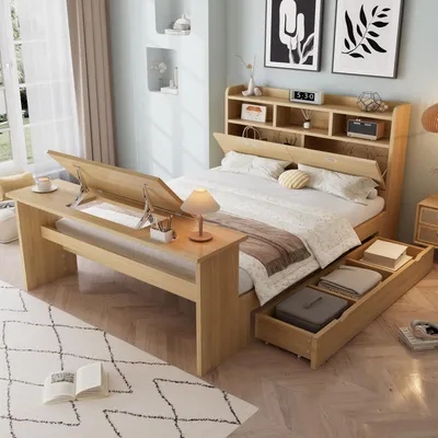 Produktbild von okwish Jugendbett 140×200 mit verstellbarem Klapptisch, Einzelbett mit Stauraum-Kopfteil und Schubladen, Kinderbett in Natur,ohne Matratze