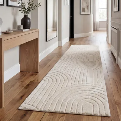 Produktbild von Teppich Wohnzimmer Hochflor Weich Uni Skandinavisch Boho Motiv Regenbogen Creme Grösse 80x150 cm