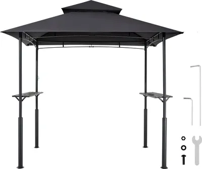 Zdjęcie produktu dla SucceBuy altana grillowa, 2430 x 1500 x 2500 mm, zadaszenie do grilla na zewnątrz, 2-poziomowa osłona altany grillowej, altana ogrodowa z podwójnym dachem, odpowiednia na patio, podwórko i do ogrodu, czarna
