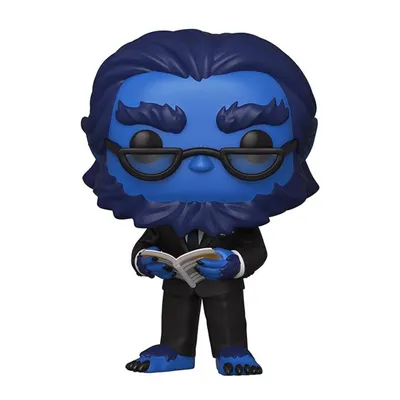 A Funko Pop! vinyl figure of Beast from Marvel, wearing glasses and a suit, reading a book.