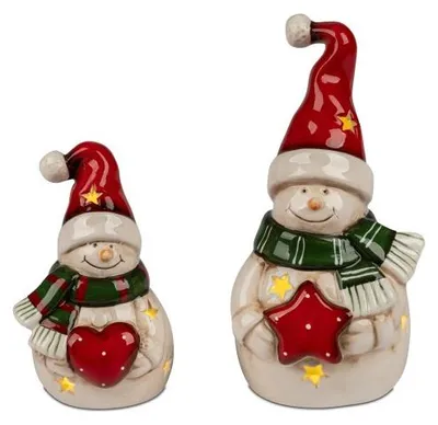 Produktbild von 2 Stück im Set - Dekorativer Schneemann Deko Figur aus Porzellan mit Licht Timer 14 cm