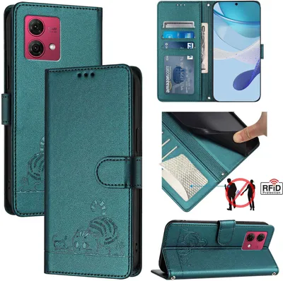 Produktbild von Leder Hülle für Motorola Moto G84 Süße Katze Flip Case Brieftasche Schutzhülle mit Standfunktion Grün