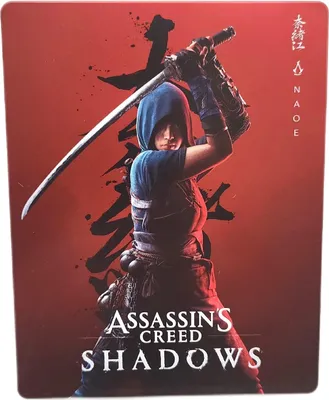 A woman in a blue hood and armor is holding a sword, with Japanese calligraphy and the game title 'Assassin's Creed Shadows' in the background.