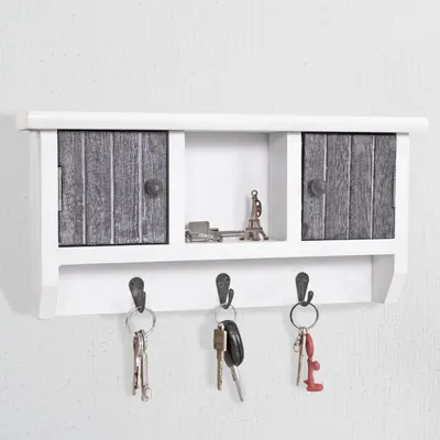 Produktbild von Schlüsselbrett HWC-A48, Schlüsselkasten Schlüsselboard mit Türen, Massiv-Holz MVG-  shabby grau-weiß