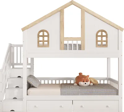 Produktbild von Etagenbett mit Farblich Abgesetztem Fallschutzgitter Fenster Schubladen und Vierstufigen Schrägleiter Kinderbett Hausbett 90x200cm Weiß+Natur