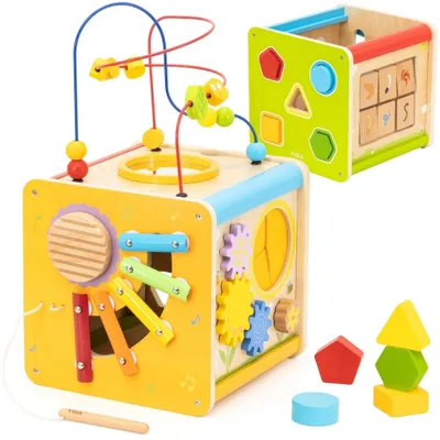 Produktbild von Viga PolarB Holz-Lernwürfel 5-in-1: Motorik-Spiel, Labyrinth, Sortierspiel