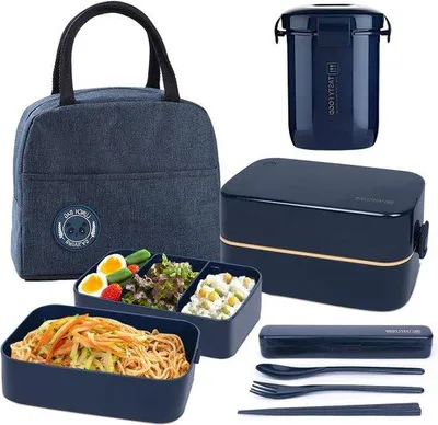 Immagine prodotto di Bento lunch box con 2 strati e sacchetto per il pranzo - scomparti regolabili - per adulti e bambini - lunch box portatile - a prova di perdite - per il lavoro e la scuola
