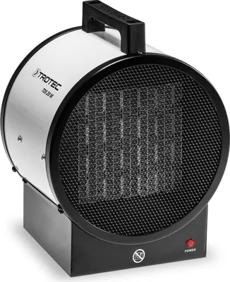 A white and black electric heater with a black handle on top, placed on a white background.