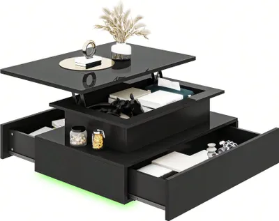 Produktbild von Couchtisch Beistelltisch mit LED-Beleuchtung und 2 Schubladen Höhenverstellbar Tischplatte, 85x55x41-56cm, Schwarz