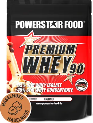 Produktbild von Powerstar PREMIUM WHEY 90 | 90% Protein i.Tr. | Whey-Protein-Pulver 850 g | 55% CFM Whey Isolat & 45% CFM Konzentrat | Eiweiß-Pulver Hazelnut