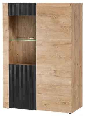 Produktbild von Highboard "Heron" in Eiche und Schwarz, Vitrine mit LED Beleuchtung, 90 x 132 cm