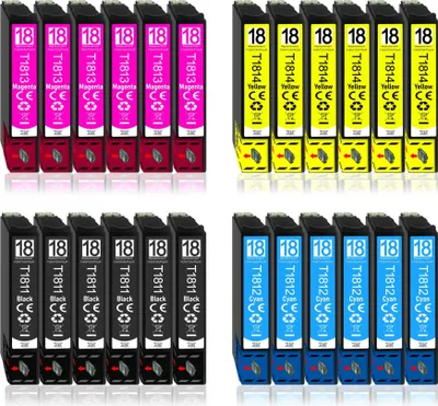 A collection of printer ink cartridges arranged in rows.