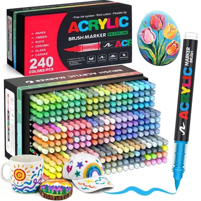 Immagine prodotto di Pennarelli acrilici resistenti all'acqua, 240 colori, punta a pennello da 1 a 6 mm, flusso diretto, resistenti allo sfregamento e alle intemperie, ideali per pietra, vetro, legno, Vetroceramica, tessuto, tela. Set per artisti, confezione regalo