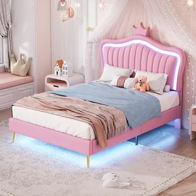 Obrázok produktu pre Detská čalúnená posteľ Sweiko 90 x 200 cm, Rosas koruna Rám manželskej postele zPolyuretánkože s LED osvetlením