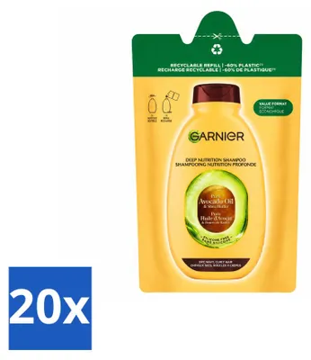 Imagen del producto de 20 unidades de champú Garnier Loving Blends, recambio de aceite de aguacate y manteca de karité para cabello seco, 250 ml. Paquete económico