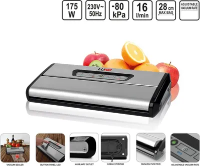 A vacuum sealer machine with fruits in the background, and several smaller images showing product features at the bottom.