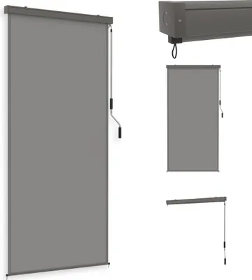A collage of images showing a gray roller blind for outdoor use, with different angles and close-ups.