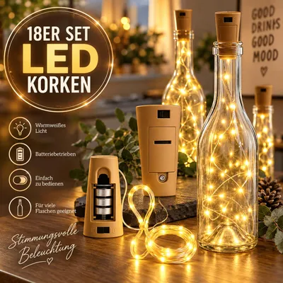 Produktbild von 18er Set LED Flaschenkorken Lichterkette Flaschenlicht warmweiß Batteriebetrieb