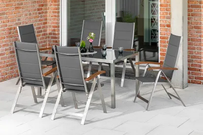 Produktbild von Merxx Gartenmöbelset "Ferrara" 7tlg. - Edelstahlgestell mit Textilbespannung grau und Akazie - 50373-309