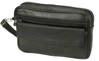 Produktbild von Herren Echtleder Handgelenktasche Schwarz Dokumententasche Reisetasche mit Handschlaufe und Reißverschlussfächern für Handy Geldbörse Schlüssel Urlaub Alltag Freizeit