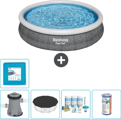 Produktbild von Bestway runder aufblasbarer Fast-Set-Pool – Rattan-Druck – 366 x 76 cm – inklusive Pumpe Abdeckung - Wartungspaket - Filter - Bodenfliesen