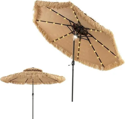 Produktbild von KOMFOTTEU Sonnenschirm Hawaii mit Lichtern, Strohschirm neigbar, Bastschirm mit Sonnenschutz & 8 Streben, Strandschirm mit Doppeldach, Marktschirm