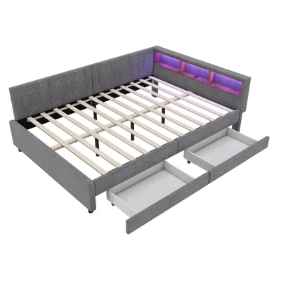 Produktbild von Flieks Polsterbett Schlafsofa 140x200cm mit 2 Schubladen & LED, Tagesbett mit Ladefunktion(USB&Typ C), Doppelbett mit Staufach, Leinen, Grau