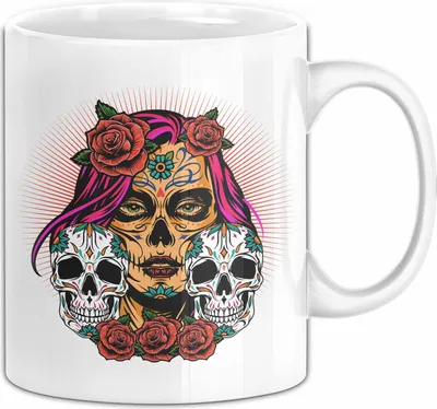 Produktbild von Totenkopf Tasse Geschenk Frau Skull Tattoo Becher (Weiß)