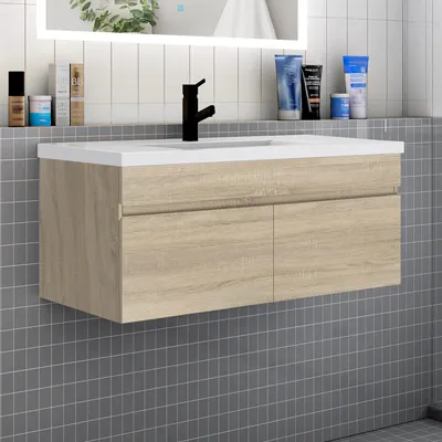 Produktbild von Badezimmer Badmöbel 100 cm Mineralguss Waschtisch mit Unterschrank Hängeschrank Badezimmerschränke Badschrank mit 2 Türen Eiche