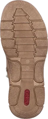 The sole of a brown boot is shown from an underneath view.