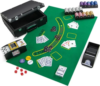 Produktbild von Poker Set - 300 Chips - Koffer - 2 Kartendecks - Dealer Button - Pokermatte - Kartenmischmaschine - Schwarz