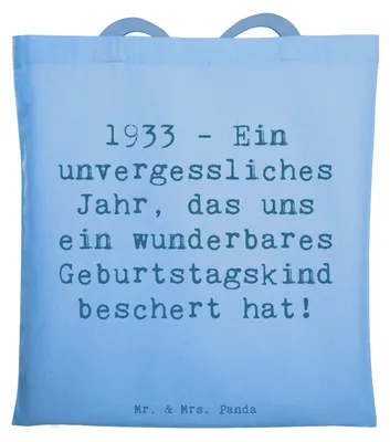 Produktbild von Mr. & Mrs. Panda Einkaufstasche Spruch 1933 Geburtstag - Sky Blue - Geschenk, Glückwunsch, Tasche, Jubiläum, Alter, Erfahrungen, wunderbares Geburtstagskind, Büchertasche
