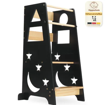 Produktbild von FCH Lernturm Für Kinder, Montessori Lernturm,Kinderhocker, einteilig, 40×45×90cm, Fichtenholz + MDF, Mond-Stern-Muster, Schwarz +Holzfarbe