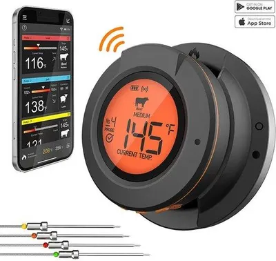 Obrázek produktu pro Bezdrátový teploměr na gril s Bluetooth – 4 senzory – 0–380 °C – funkce alarmu – pro grilování a vaření