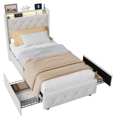 Image de Lit rembourré ProximaX 90 x 200 cm avec éclairage LED et tête de lit avec rangement, station de recharge USB/Type-C, lit simple avec sommier à lattes et 2 tiroirs, lit avec rangement en velours, beige