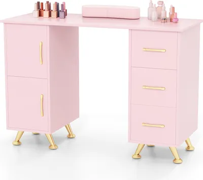 Produktbild von GOPLUS 2 in 1 Maniküretisch, Nagelpflegetisch mit 3 Schubladen, 2 Schränken, 8 Metallbeinen, Schreibtisch für Schönheitssalon, Zuhause (Rosa)