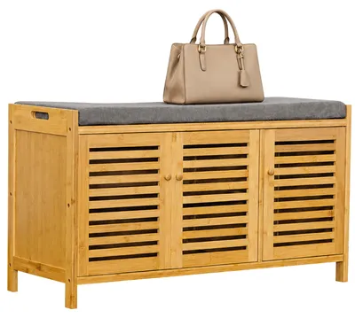 Produktbild von Relaxdays Schuhbank, gepolsterte Sitzfläche, Bambus, 3 Fächer, HxBxT: 50 x 90 x 35 cm, Schuhsitzbank Flur, natur/grau