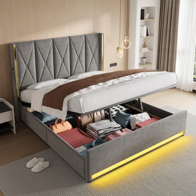 Produktbild von okwish Doppelbett 180×200 Polsterbett mit USB und LED Beleuchtung Jugendbett Bettgestell mit Seitentaschen und hydraulischem Stauraum Stauraumbett Dunkelgrau(ohne Matratze)