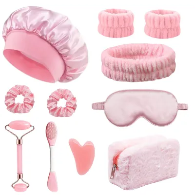 Produktbild von Gua Sha Set Gesichtsroller Massageroller - Rosenquarz - 11-teilig - Rosa - Für Gesicht und Hals